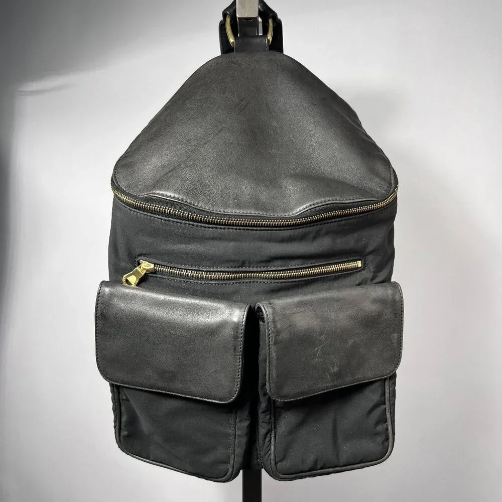 JOHNNY FARAH Black Leather/Nylon Backpack with Gold metal‎ Hardware